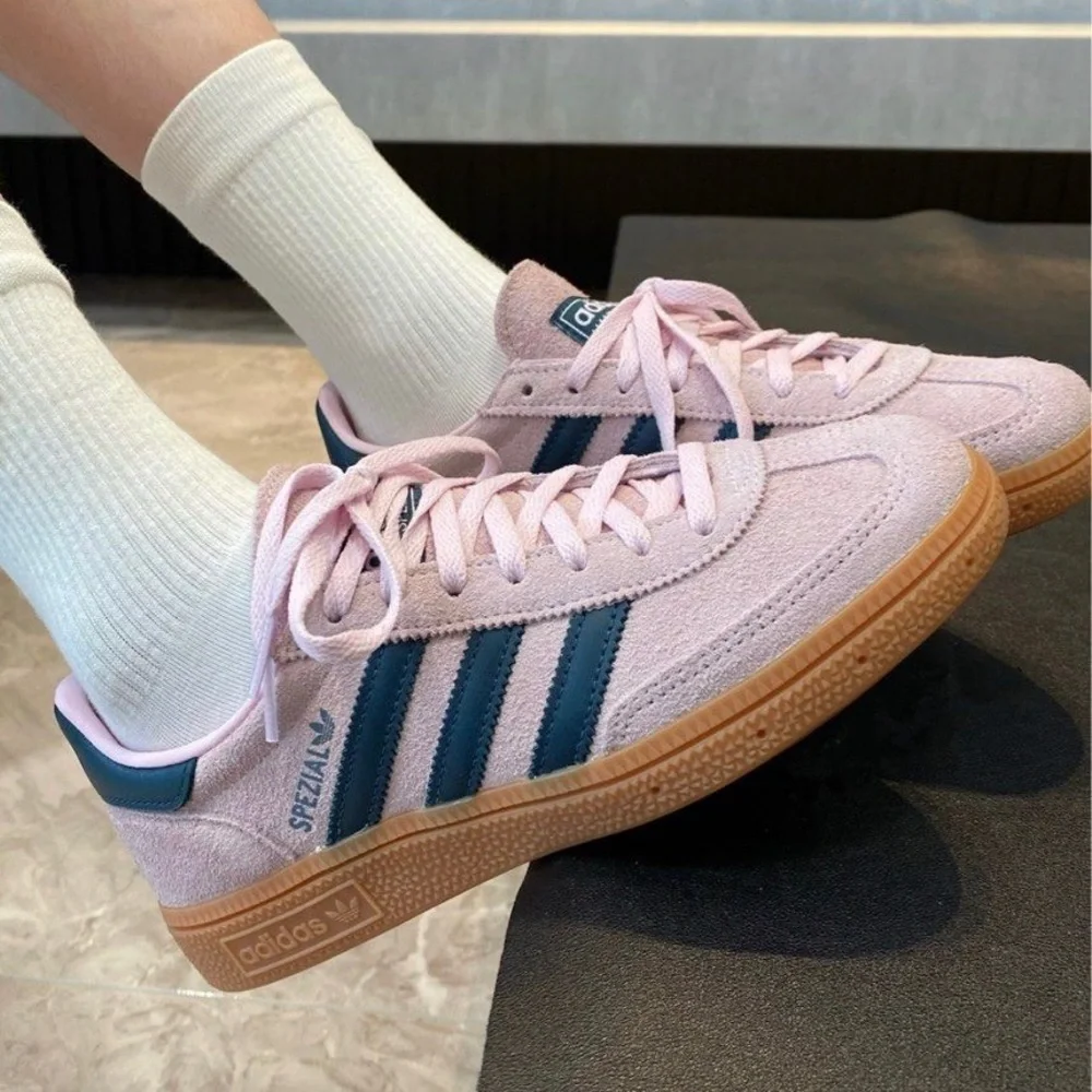adidas Spezial Women's Pink Suede Sneakers with Black Stripes and Gum Sole